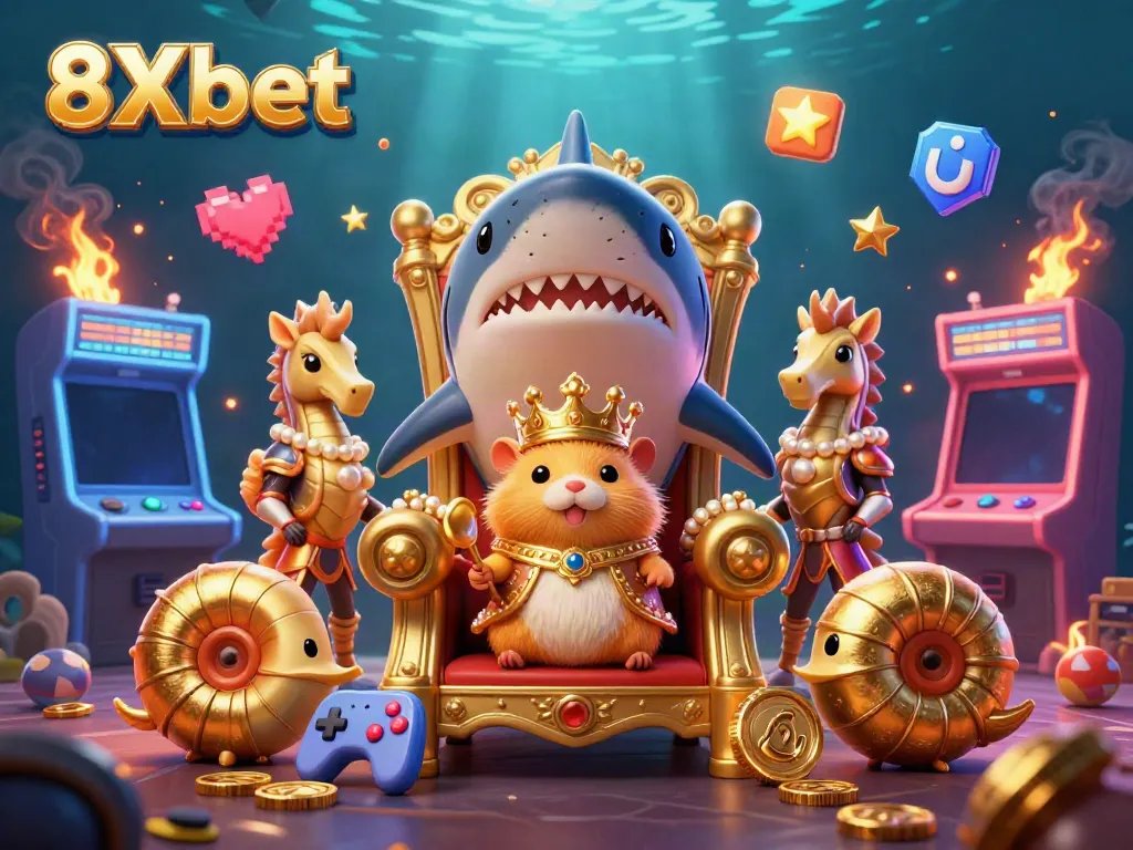 Experience vibrant gaming scenes featuring 8Xbet with a golden hamster king and royal guards.