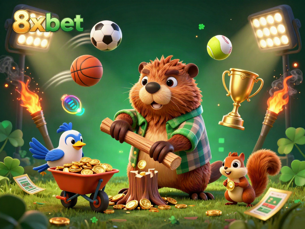 Chop golden coins with 8xbet, featuring a beaver, bird, and squirrel amidst vibrant sports elements.