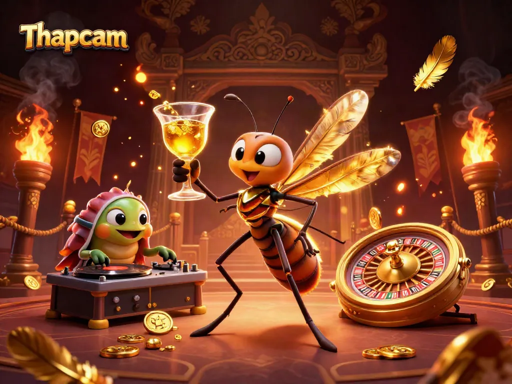 Thapcam celebrates winning with a vibrant casino scene featuring unique characters and gambling elements.