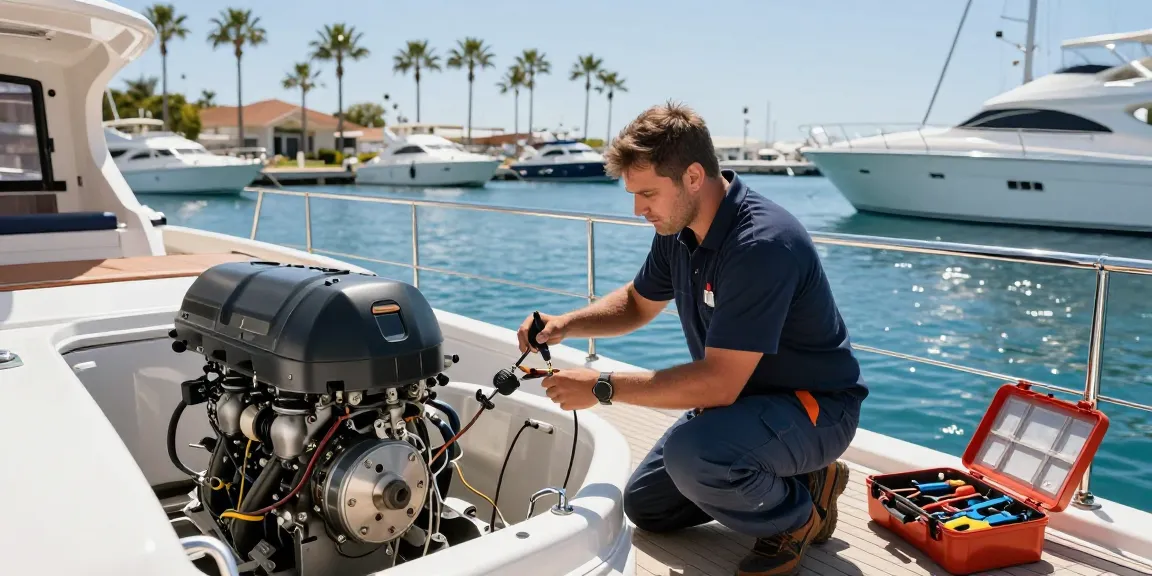 Mobile marine engineer inspecting yacht engine at marina with tools.