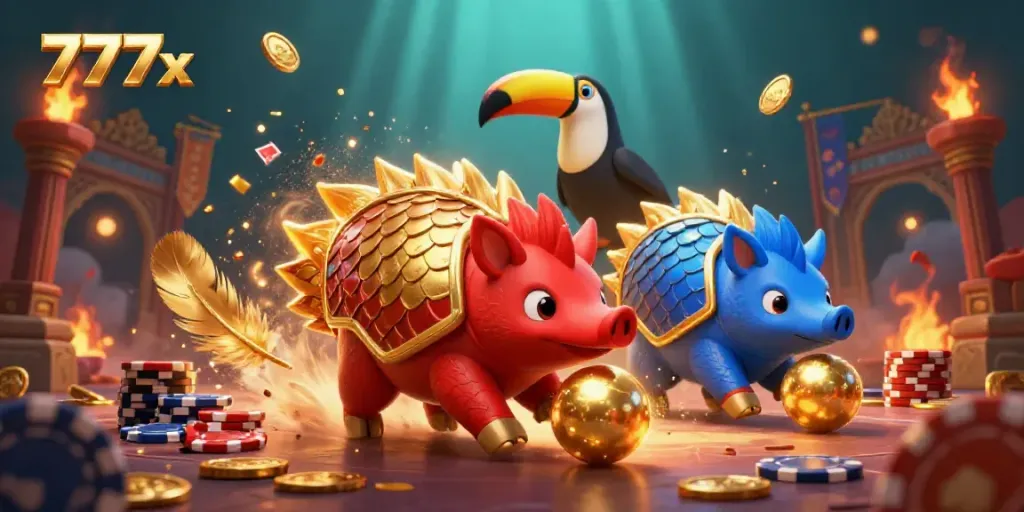 Experience the thrilling action of 777x with rival pangolins competing amidst gold coins and poker chips in a casino-themed arena.