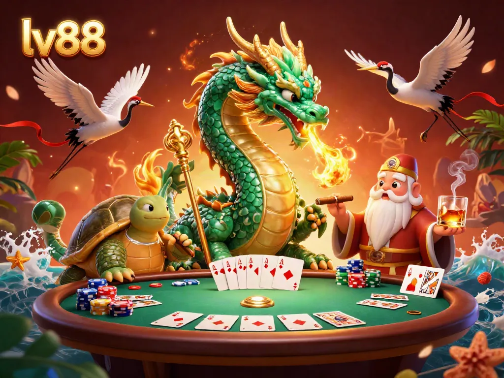Experience the thrill at lv88 with a vibrant 3D casino scene featuring characters and poker elements.