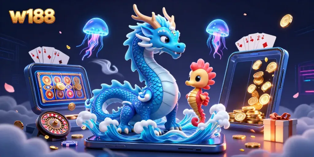 Play exciting games at w188 with vibrant characters and casino elements in a dynamic 3D scene.