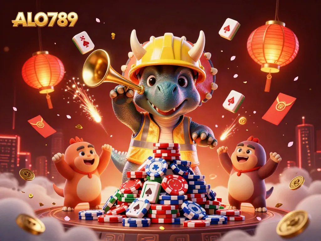 Experience the excitement of ALO789 with a vibrant 3D illustration of a triceratops building poker chips, celebrating with friends.