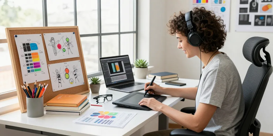 Self-employed graphic designer working creatively at a modern desk with vibrant design elements.