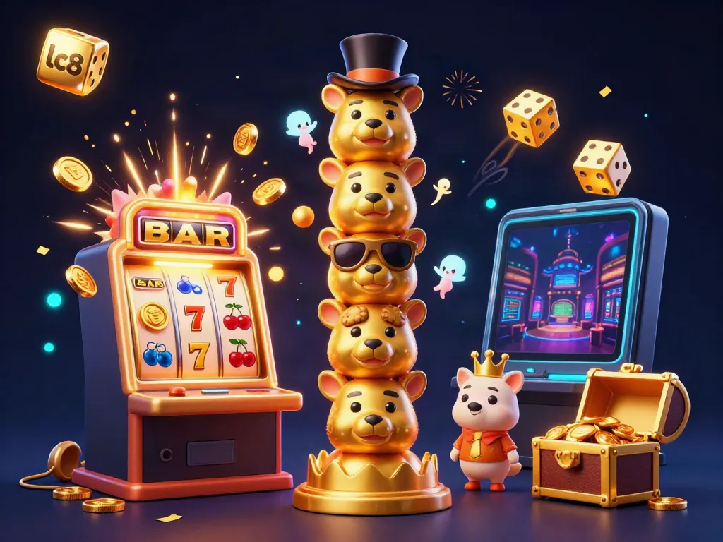 Engaging lc88-themed casino illustration showing a joyous totem pole amidst a jackpot explosion.