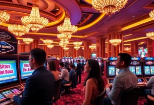 Situs slot bonus new member displayed on high-end machines at an elegant casino.