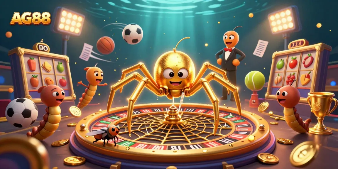 AG88 gambling scene featuring a golden spider and centipede croupier among slot reels and sports balls.