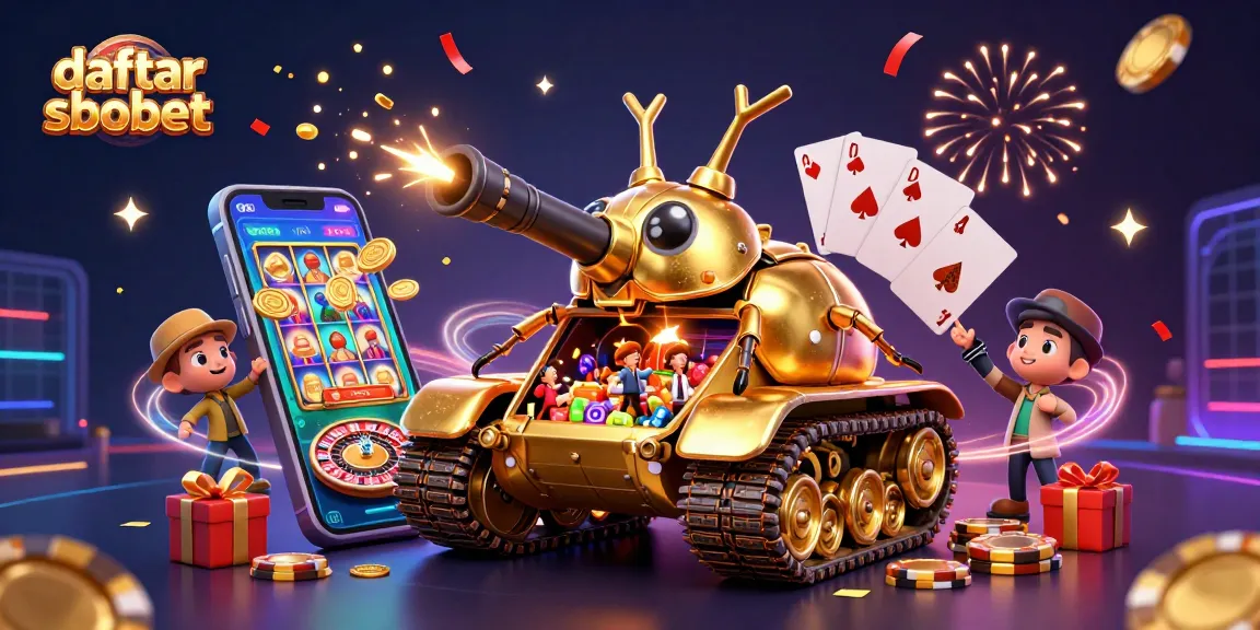 Join the excitement of daftar sbobet with a dynamic casino scene featuring a golden beetle tank and vibrant slot games.