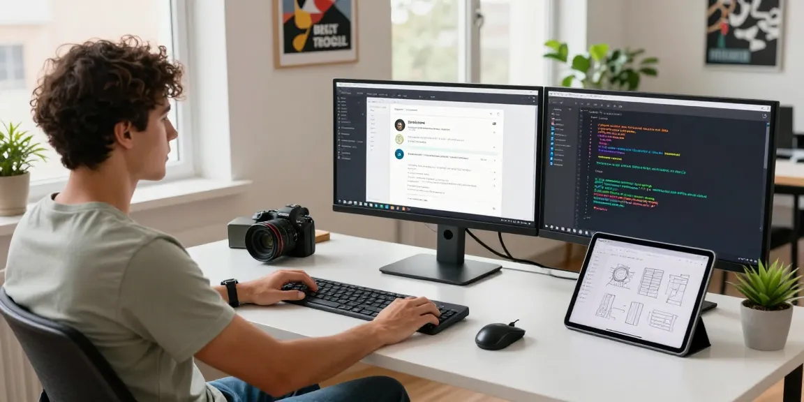 Software engineer utilizing beta tools in a modern workspace, surrounded by monitors and creative designs.