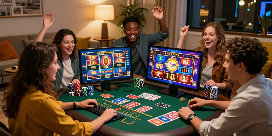 A lively group enjoying online gaming at a credit card casino, showcasing excitement and camaraderie in a stylish setting.