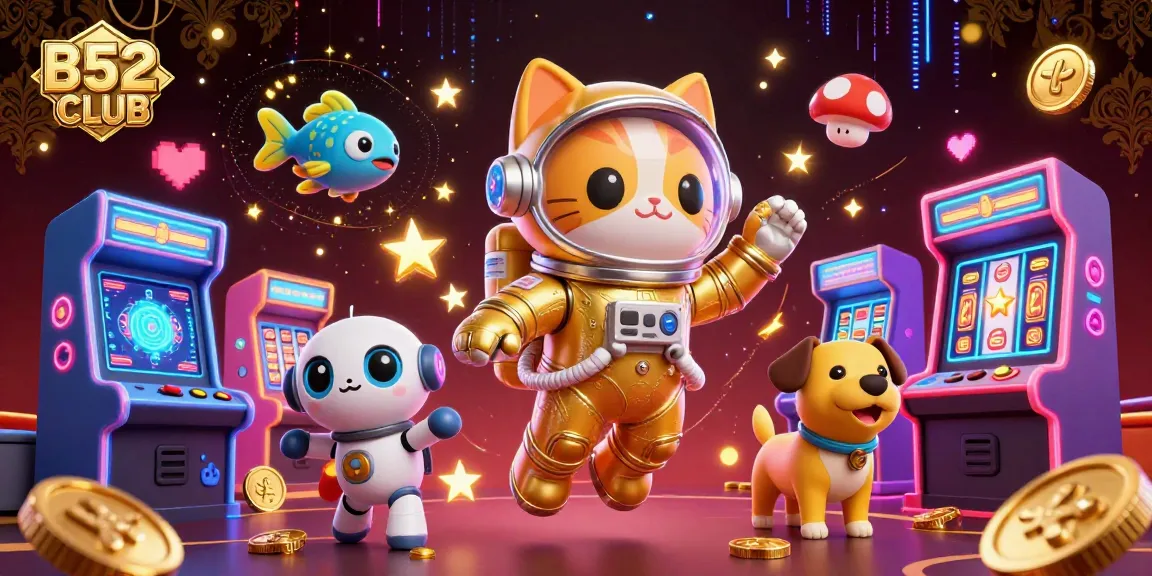 B52CLUB invites players to spin and win with a vibrant scene showcasing exciting games and characters.