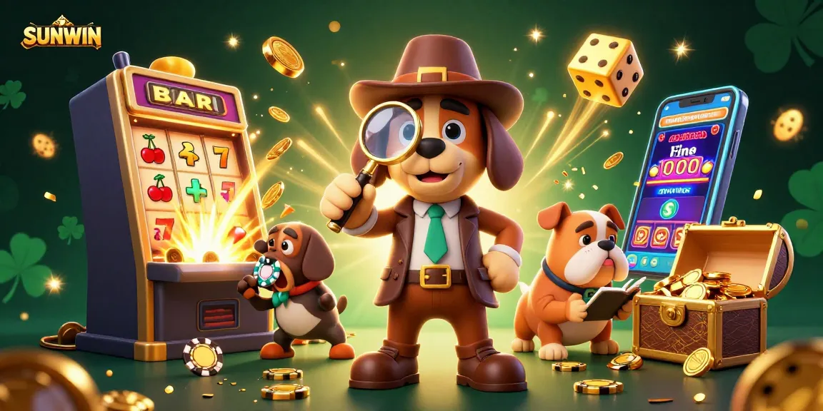 SUNWIN sparkles in a vibrant casino scene featuring a detective dog duo uncovering gaming treasures.