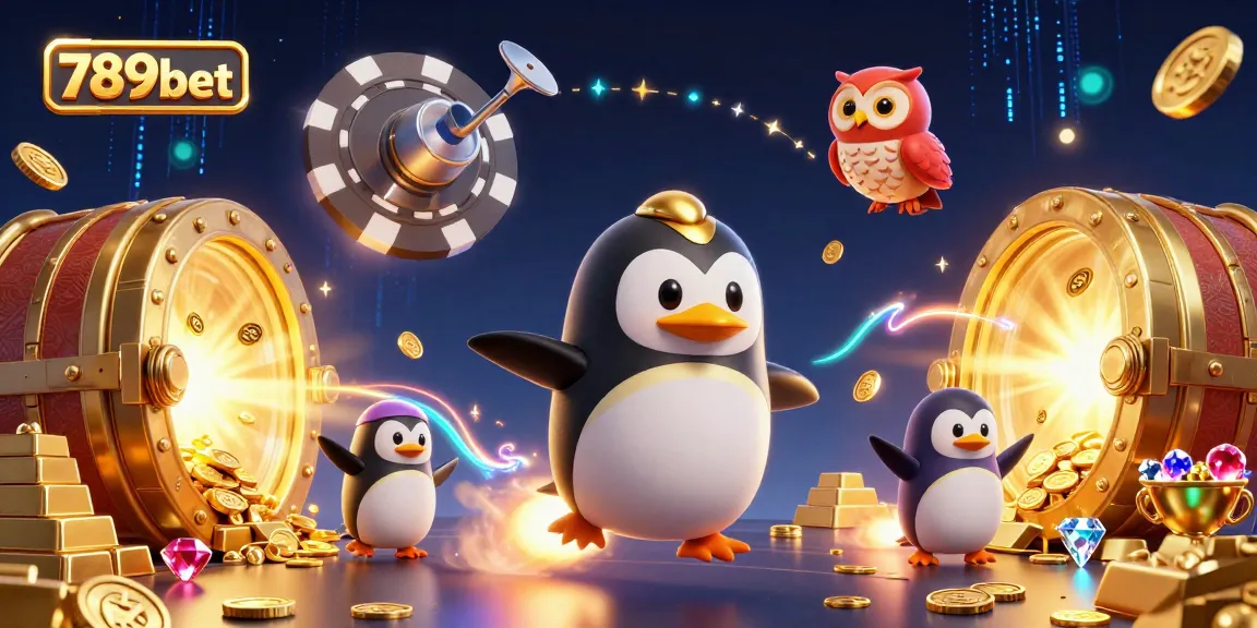 Experience the excitement of 789bet with a vibrant scene showcasing a penguin and cosmic treasures.