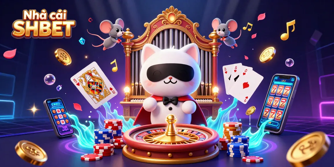 Experience the excitement of Nhà cái SHBET with a lively 3D casino illustration showcasing games and vibrant casino elements.