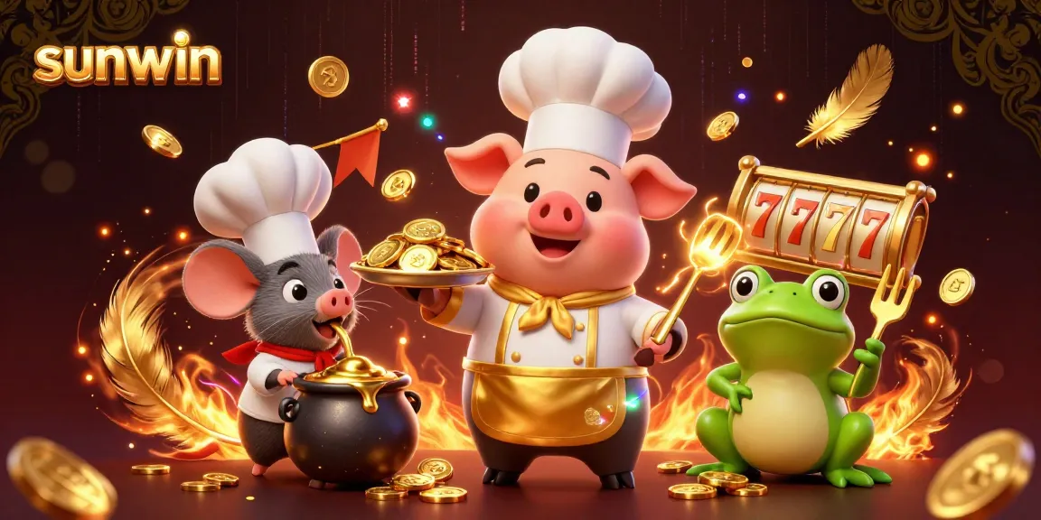 Join sunwin in a lively casino scene featuring a chef pig serving gold coins, showcasing engaging slot game elements.