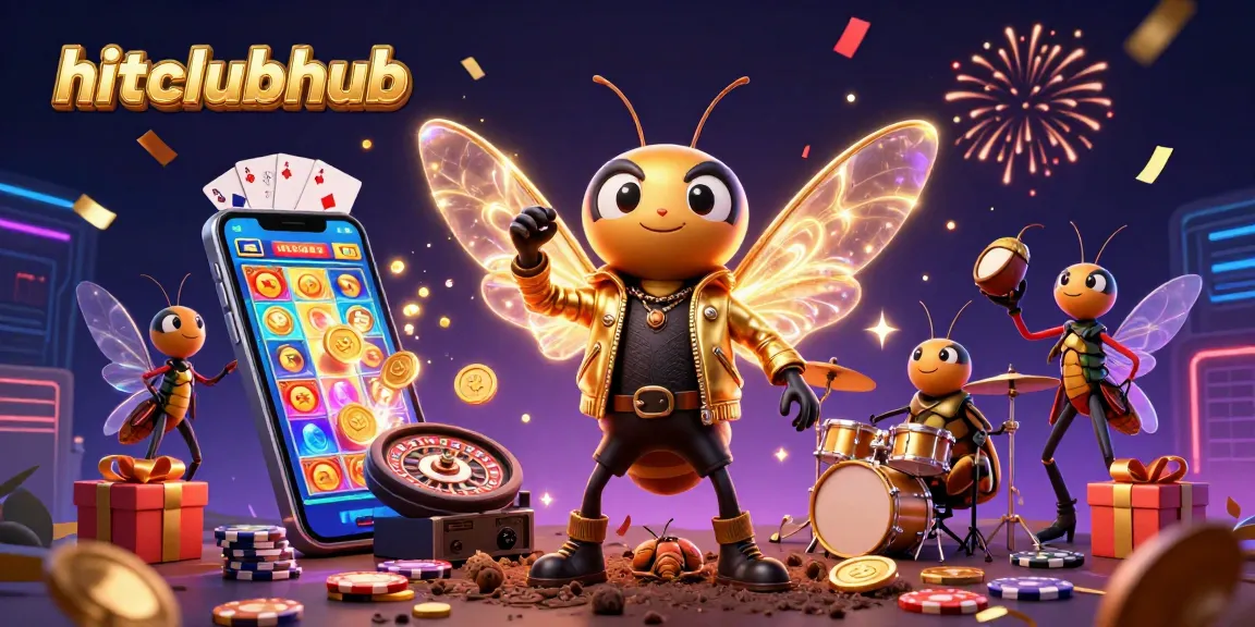 Experience excitement at hitclubhub with a vibrant rock star theme surrounded by game elements.