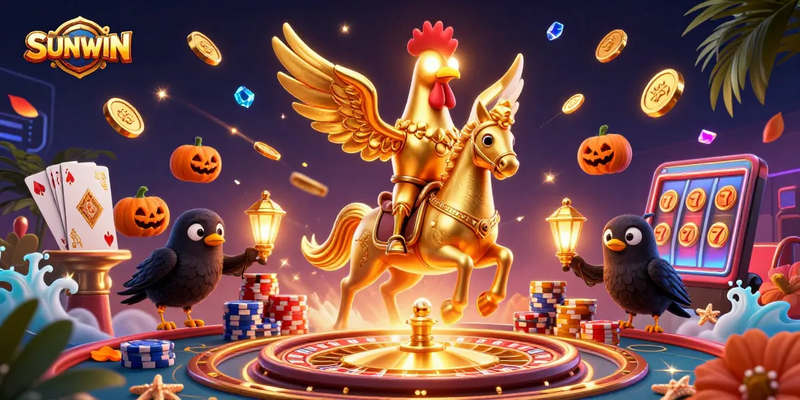 SUNWIN showcases an action-packed scene with a golden rooster and friends celebrating casino wins amidst cascading treasures.