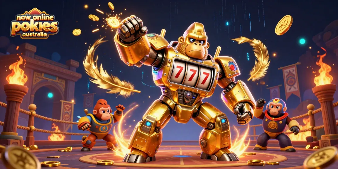 Engage with new online pokies Australia, featuring an exciting 3D golden gorilla mech illustration.